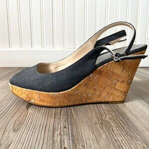 Tahari Taylor Canvas and Cork Peep Toe Platform Slingback Wedge Heels, Size 8.5